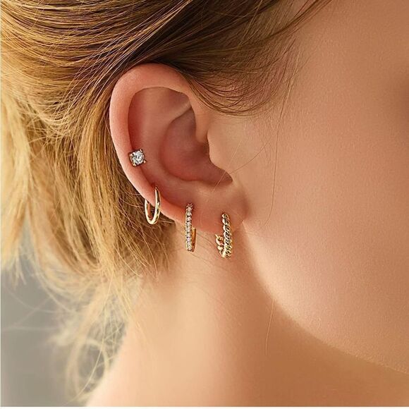 Gold 14k Gold Plated Hoop Stud 8pc CZ Earrings Set - Picture 2 of 3